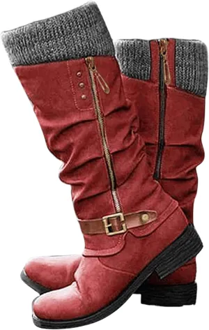 Boots For Women Knee High Wide Calf Zipper Mid Calf Military Combat Boots Low Heel Biker Motorcycle Riding Boots 2024