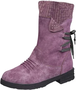 Boots for Women Lace up Fur Lined Booties Mid Calf Chunky Thick Heel Round Toe with Side Zipper Waterproof Winter Snow Shoes