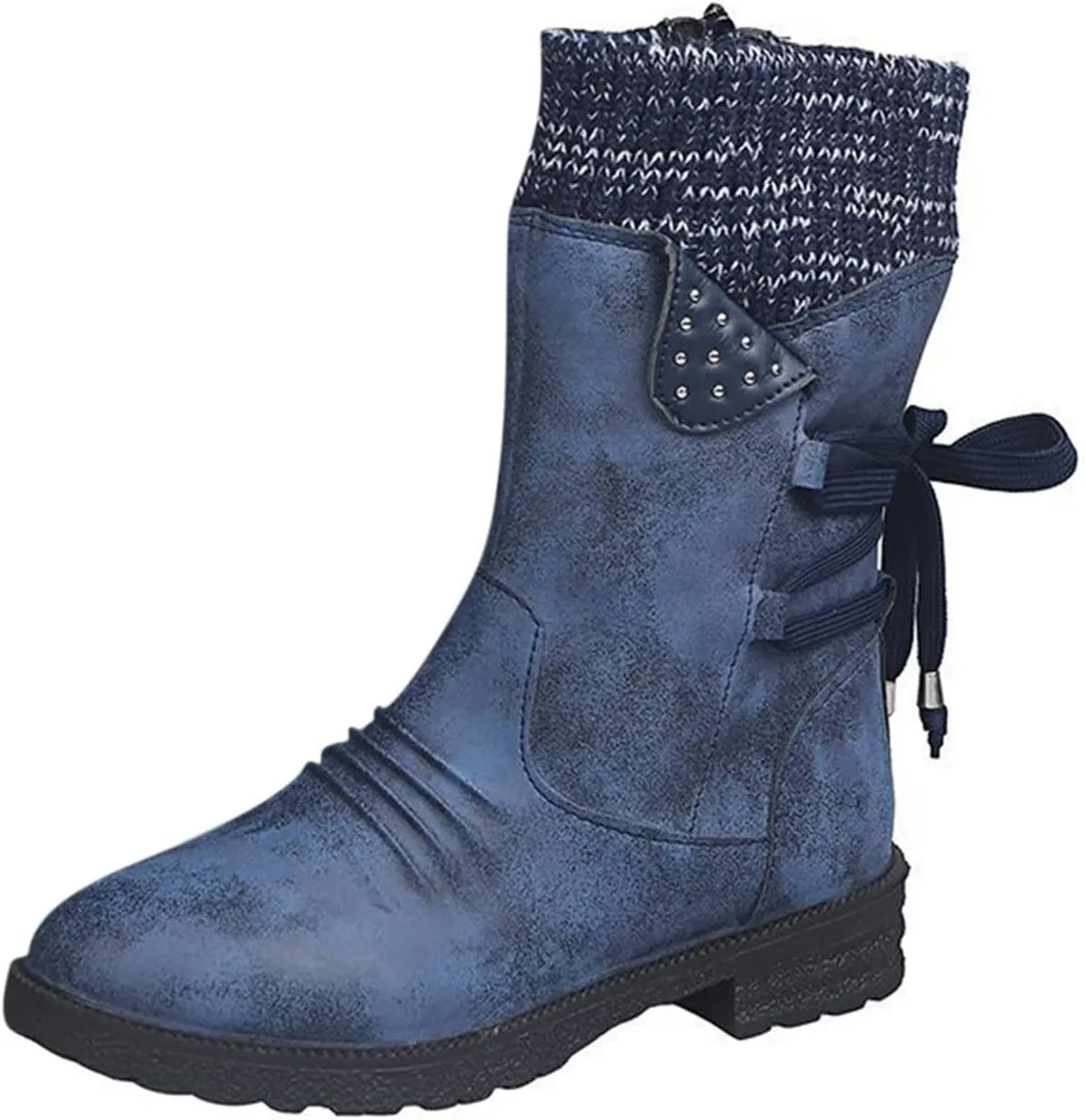 Boots for Women Lace-up Fur Lined Mid Calf Shoes Round Toe Waterproof Winter Snow Booties Heel Chunky Thick with Side Zipper