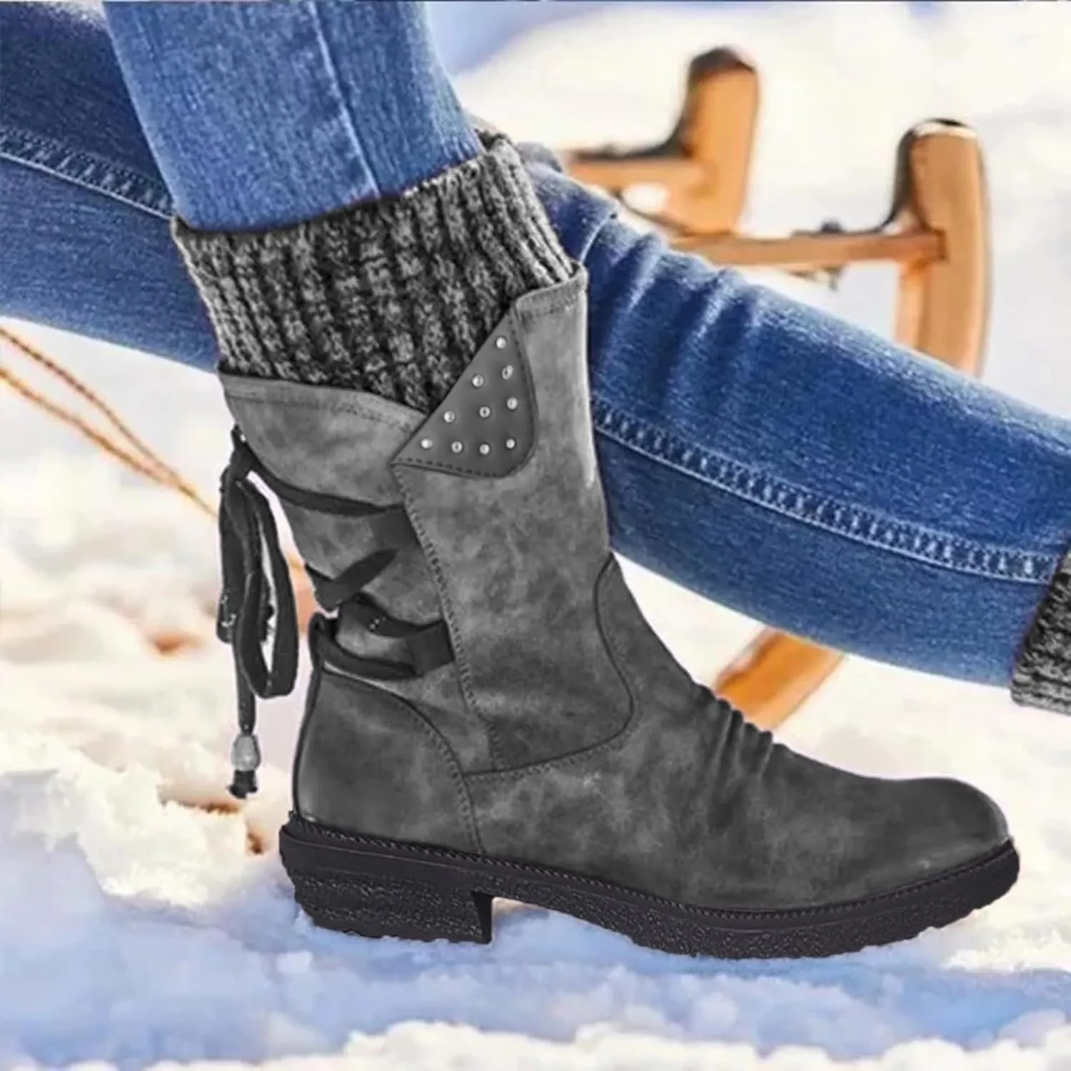 Boots for Women Lace-up Fur Lined Mid Calf Shoes Round Toe Waterproof Winter Snow Booties Heel Chunky Thick with Side Zipper