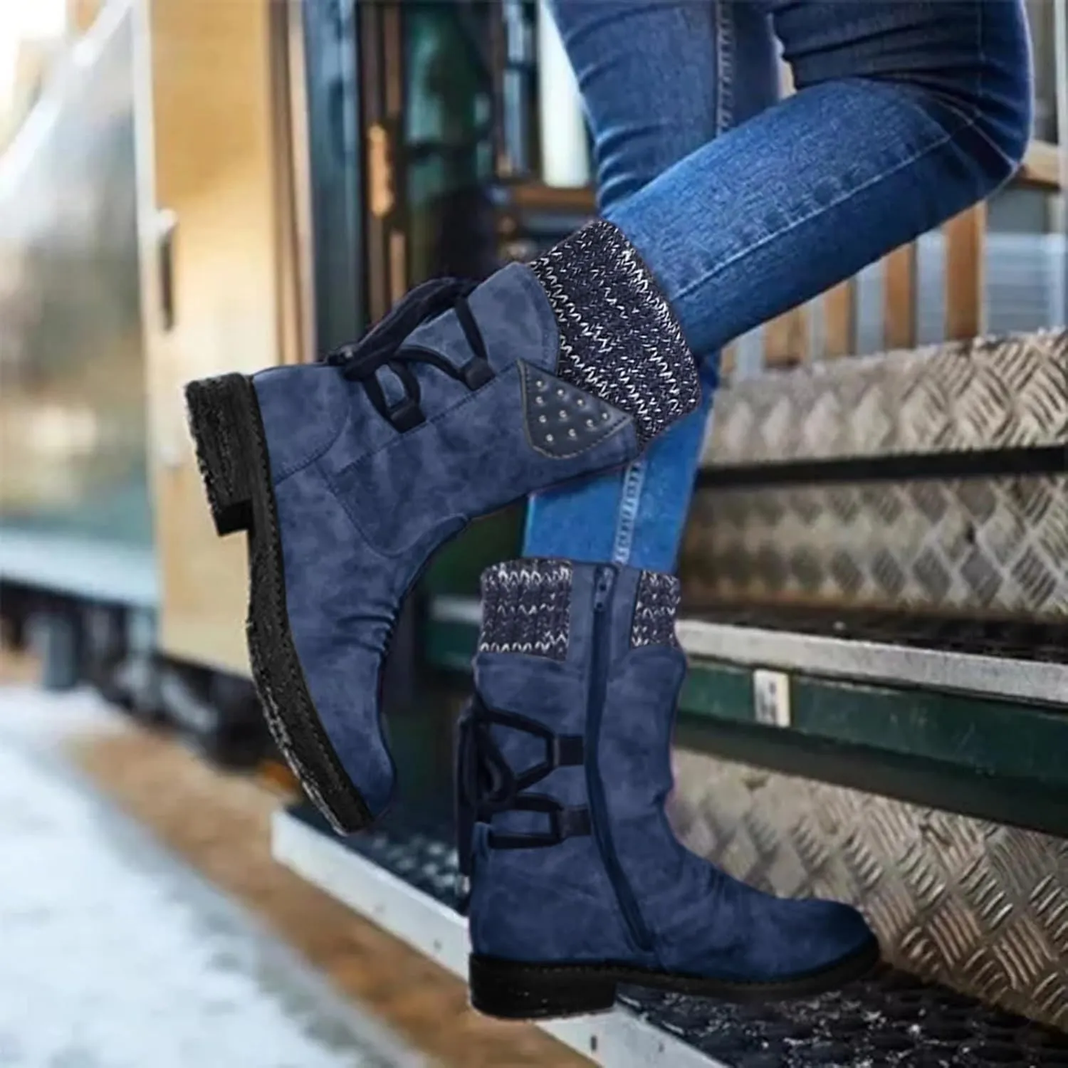Boots for Women Lace-up Fur Lined Mid Calf Shoes Round Toe Waterproof Winter Snow Booties Heel Chunky Thick with Side Zipper