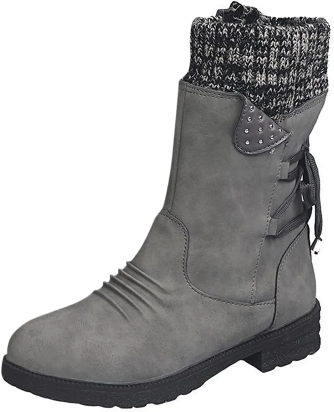 Boots for Women Lace-up Fur Lined Mid Calf Shoes Round Toe Waterproof Winter Snow Booties Heel Chunky Thick with Side Zipper
