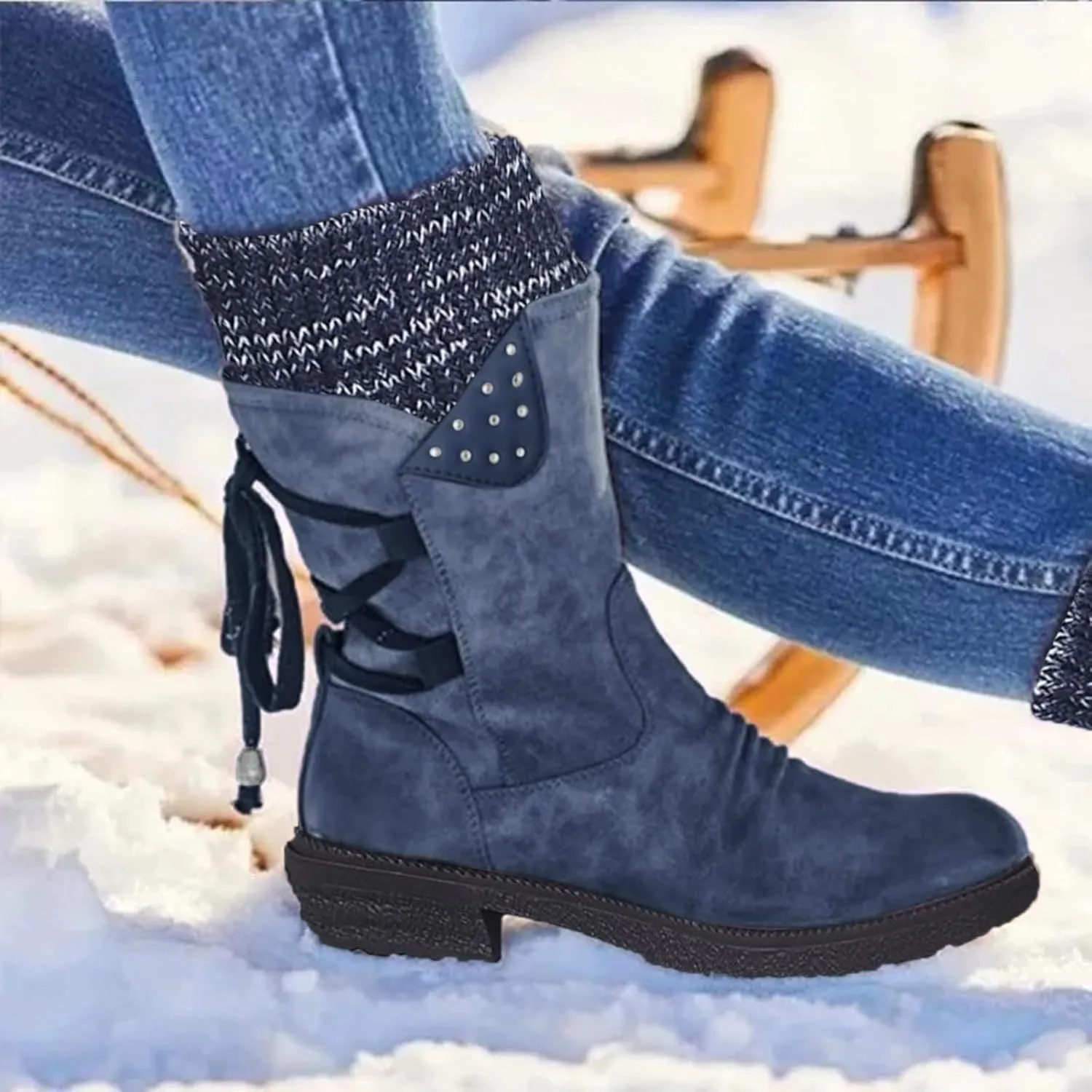 Boots for Women Lace-up Fur Lined Mid Calf Shoes Round Toe Waterproof Winter Snow Booties Heel Chunky Thick with Side Zipper