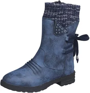 Boots for Women Lace-up Fur Lined Mid Calf Shoes Round Toe Waterproof Winter Snow Booties Heel Chunky Thick with Side Zipper