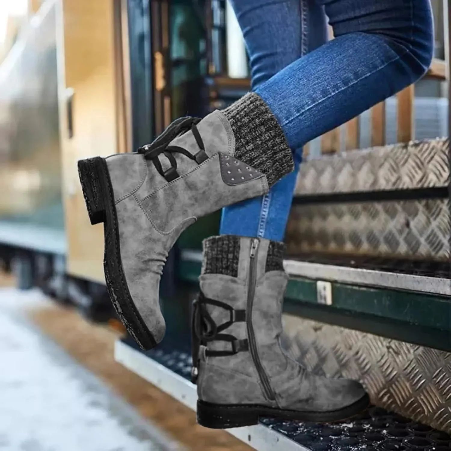 Boots for Women Lace-up Fur Lined Mid Calf Shoes Round Toe Waterproof Winter Snow Booties Heel Chunky Thick with Side Zipper