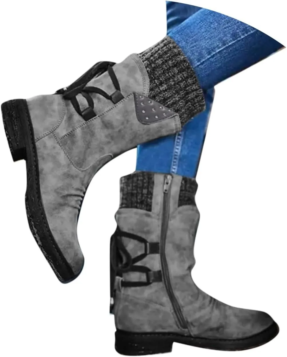 Boots for Women Lace-up Fur Lined Mid Calf Shoes Round Toe Waterproof Winter Snow Booties Heel Chunky Thick with Side Zipper
