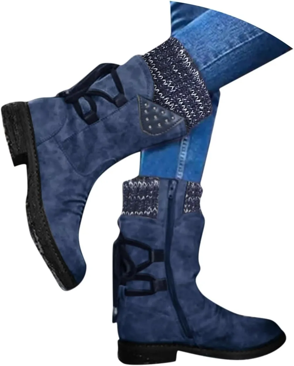 Boots for Women Lace-up Fur Lined Mid Calf Shoes Round Toe Waterproof Winter Snow Booties Heel Chunky Thick with Side Zipper