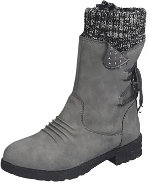 Boots for Women Lace-up Fur Lined Mid Calf Shoes Round Toe Waterproof Winter Snow Booties Heel Chunky Thick with Side Zipper