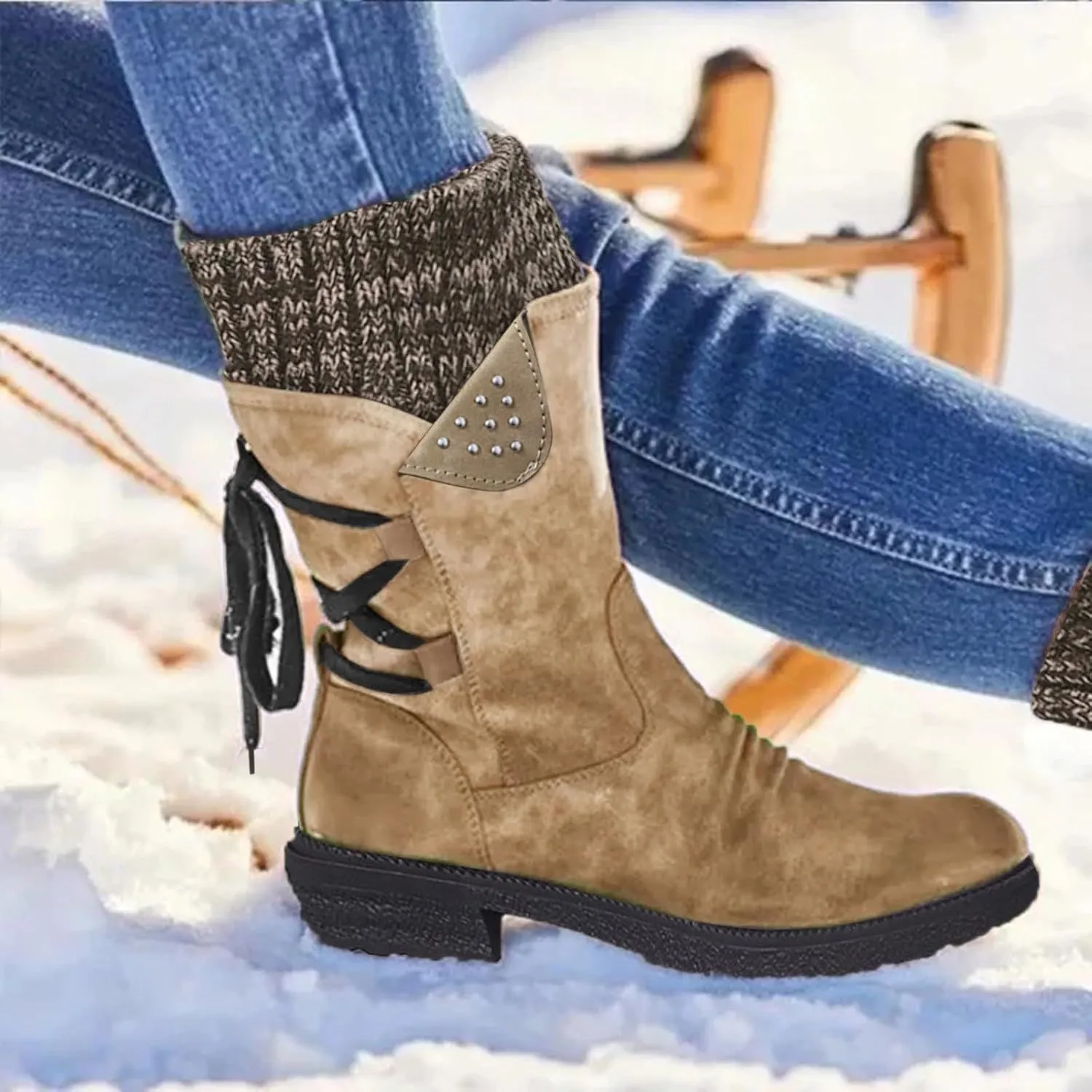 Boots for Women Lace-up Fur Lined Mid Calf Shoes Waterproof Winter Snow Booties Heel Chunky Thick with Round Toe Side Zipper