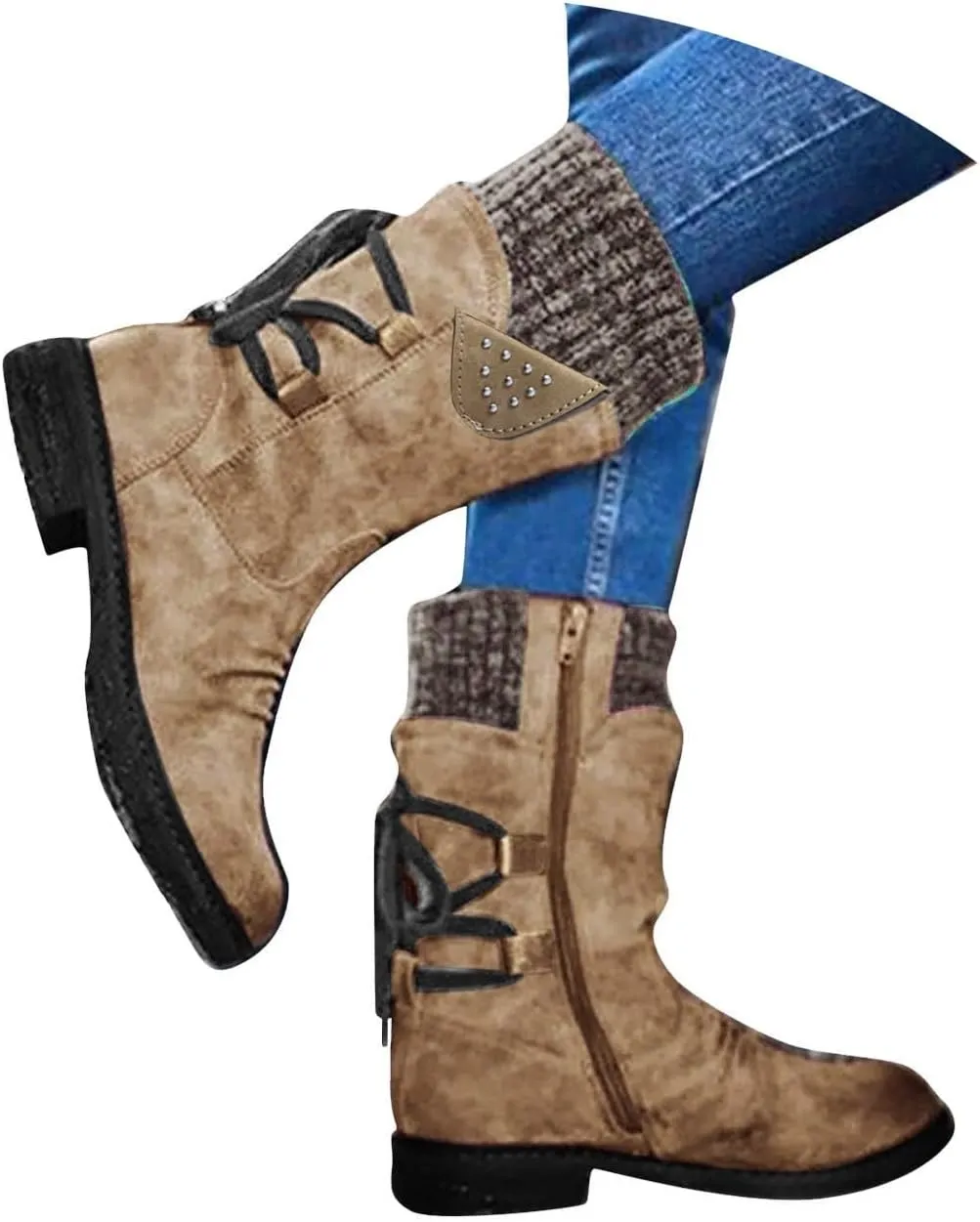 Boots for Women Lace-up Fur Lined Mid Calf Shoes Waterproof Winter Snow Booties Heel Chunky Thick with Round Toe Side Zipper
