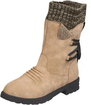 Boots for Women Lace-up Fur Lined Mid Calf Shoes Waterproof Winter Snow Booties Heel Chunky Thick with Round Toe Side Zipper