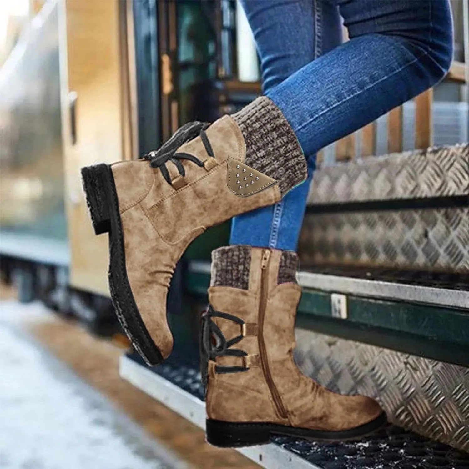 Boots for Women Lace-up Fur Lined Mid Calf Shoes Waterproof Winter Snow Booties Heel Chunky Thick with Round Toe Side Zipper