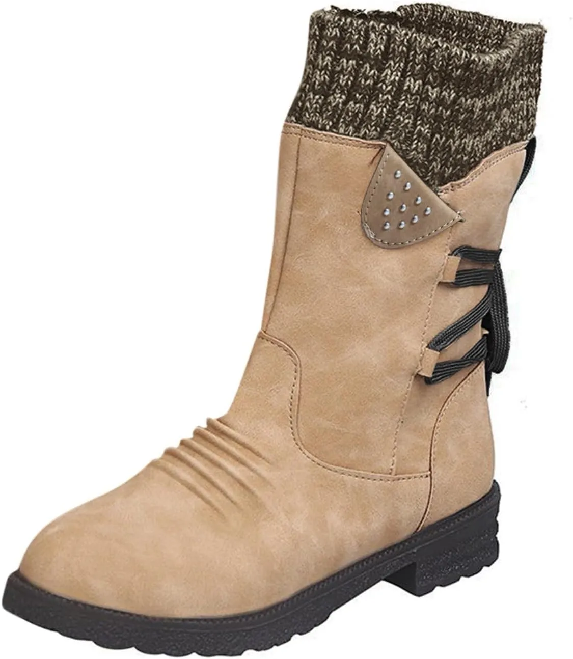 Boots for Women Lace-up Fur Lined Mid Calf Shoes Waterproof Winter Snow Booties Heel Chunky Thick with Round Toe Side Zipper