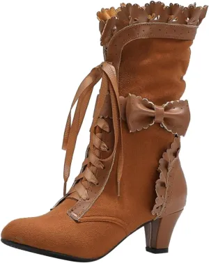 Boots for Women Ruffle Lace Bow Mid Calf Combat Boots for Ladies Vintage Mid Heels Dress Riding Booties Victorian Goth Shoes