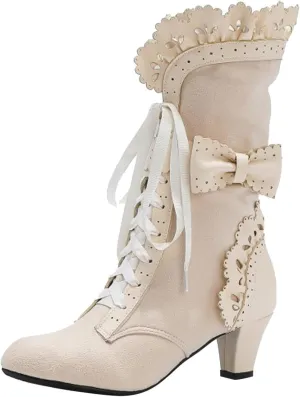 Boots for Women Ruffle Lace Bow Mid Calf Combat Boots for Ladies Vintage Mid Heels Dress Riding Booties Victorian Goth Shoes