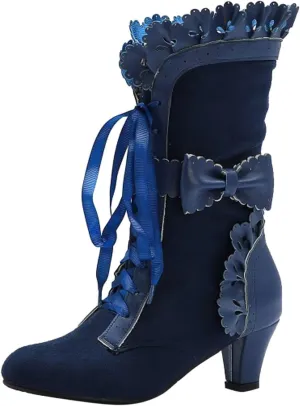 Boots for Women Ruffle Lace Bow Mid Calf Combat Boots for Ladies Vintage Mid Heels Dress Riding Booties Victorian Goth Shoes