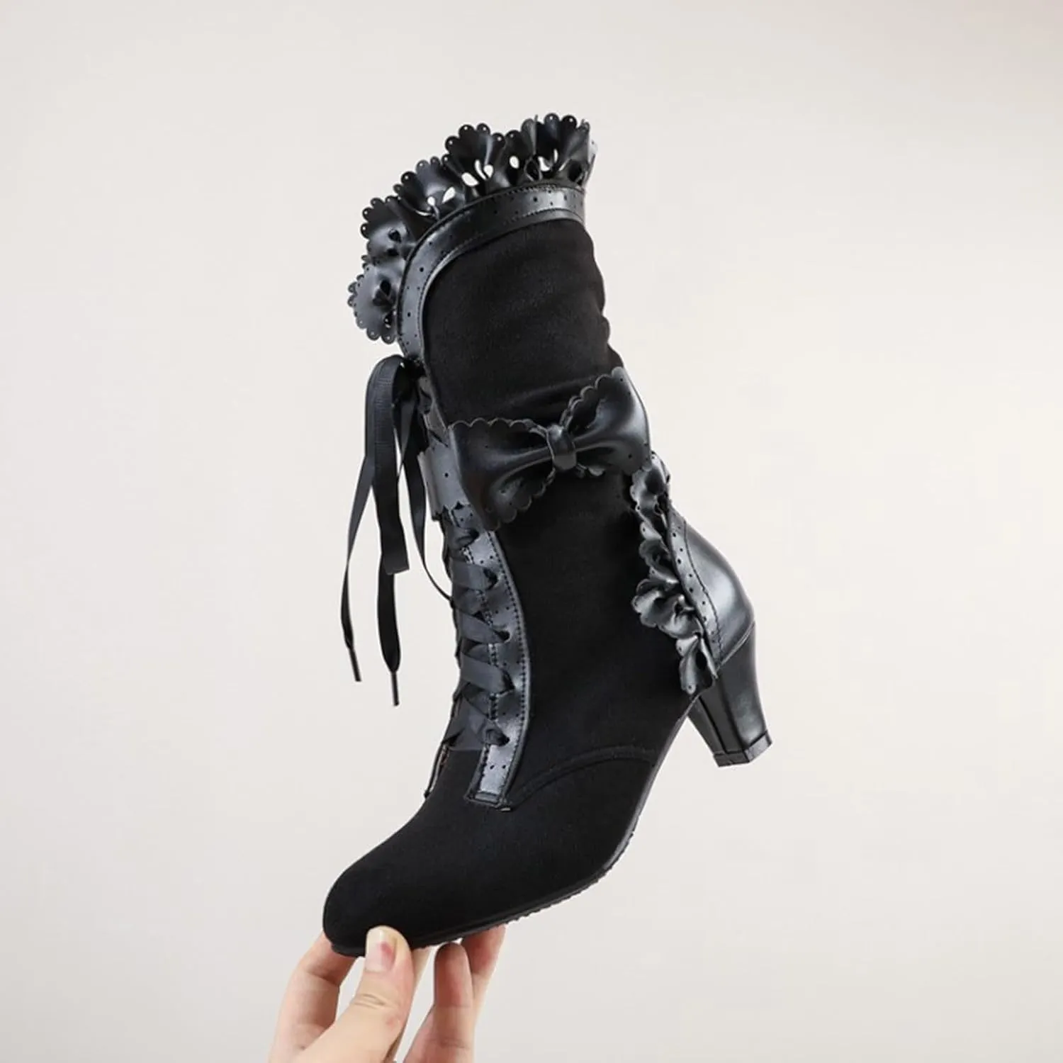 Boots for Women Sweet Bowknot Ruffle Dress Boots Lace Up Kitten Heels Dressy Shoes Vintage Victorian Mid Calf Boots