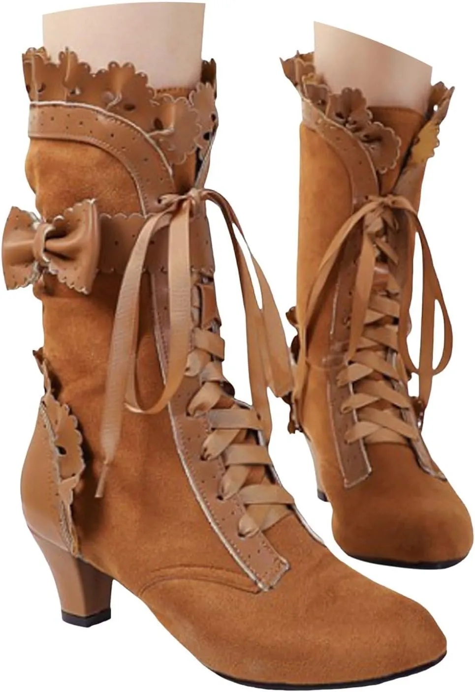 Boots for Women Vintage Victorian Mid Calf Booties Sweet Bowknot Ruffle Dress Boots Lace Up Kitten Heels Dressy Shoes