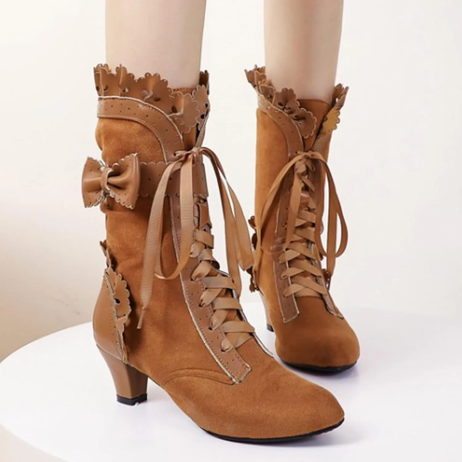 Boots for Women Vintage Victorian Mid Calf Booties Sweet Bowknot Ruffle Dress Boots Lace Up Kitten Heels Dressy Shoes