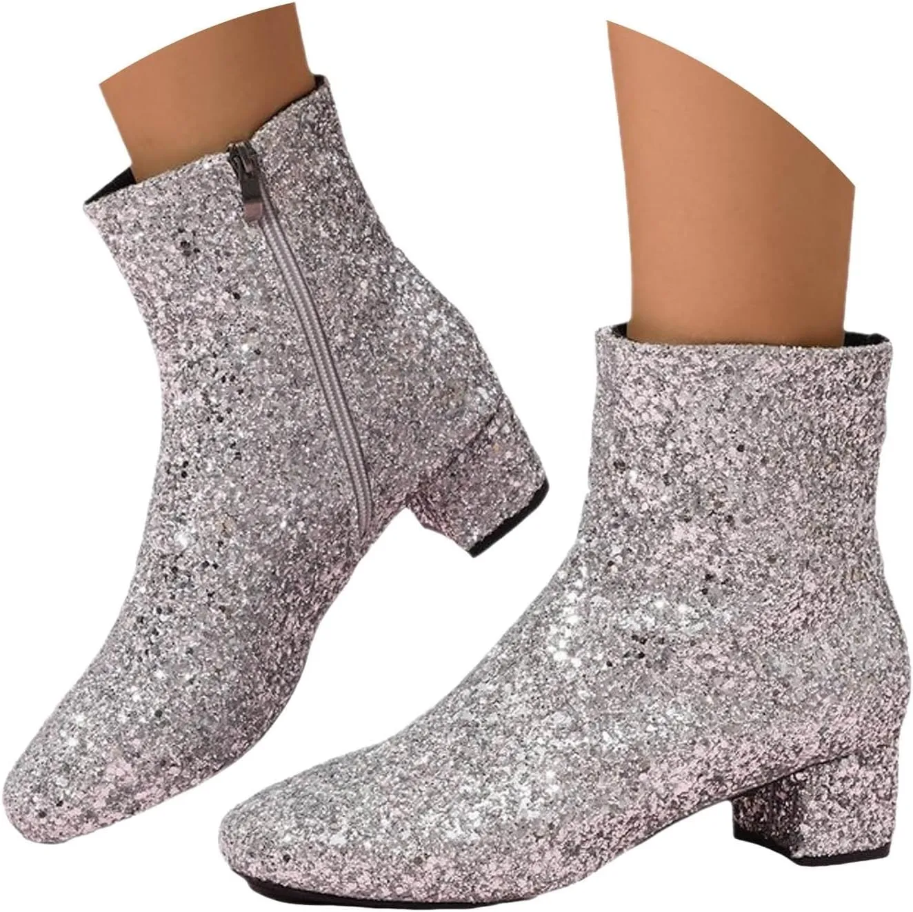 Boots for Women Women's Glitter Ankle Boots Sequin Sparkly Booties Block Heel Side Zip Zipper Wedding Party Dress Shoes