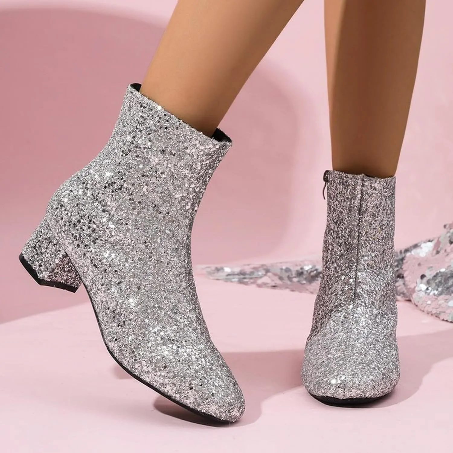 Boots for Women Women's Glitter Ankle Boots Sequin Sparkly Booties Block Heel Side Zip Zipper Wedding Party Dress Shoes