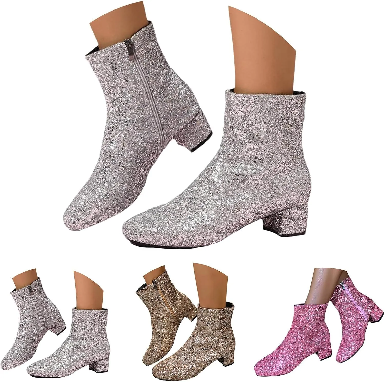 Boots for Women Women's Glitter Ankle Boots Sequin Sparkly Booties Block Heel Side Zip Zipper Wedding Party Dress Shoes