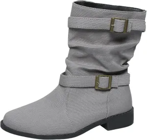 Boots for Women Women's Mid Calf Dress Biker Riding Shoes Round Toe Low Heel Comfortable Slouchy Booties with Buckle Strap