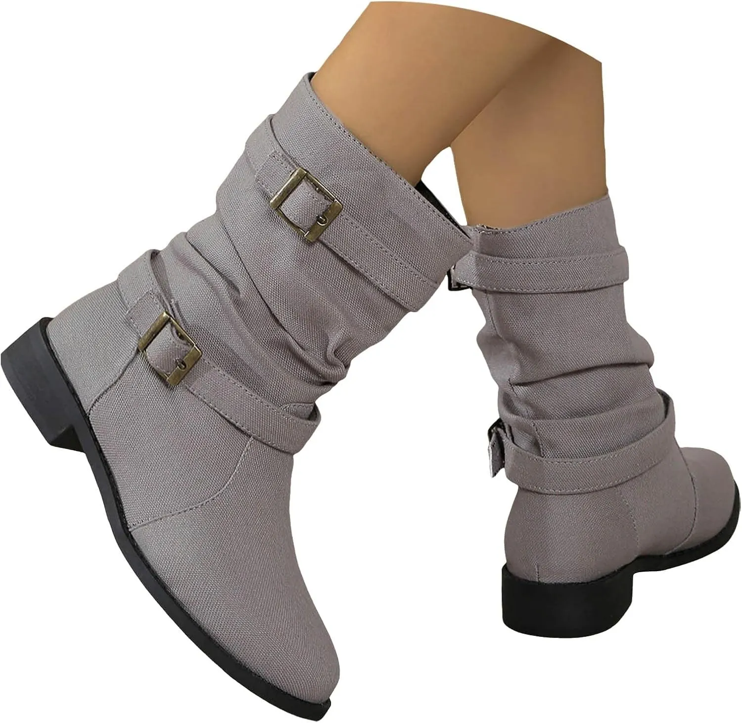 Boots for Women Women's Mid Calf Dress Biker Riding Shoes Round Toe Low Heel Comfortable Slouchy Booties with Buckle Strap