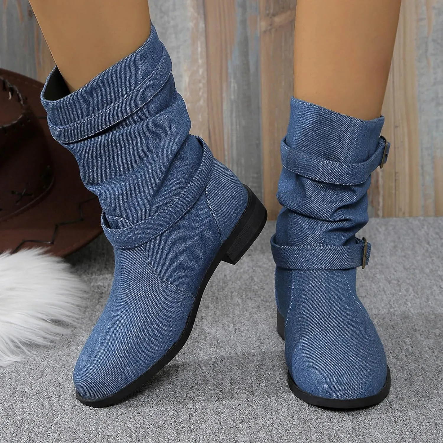 Boots for Women Women's Mid Calf Dress Biker Riding Shoes Round Toe Low Heel Comfortable Slouchy Booties with Buckle Strap