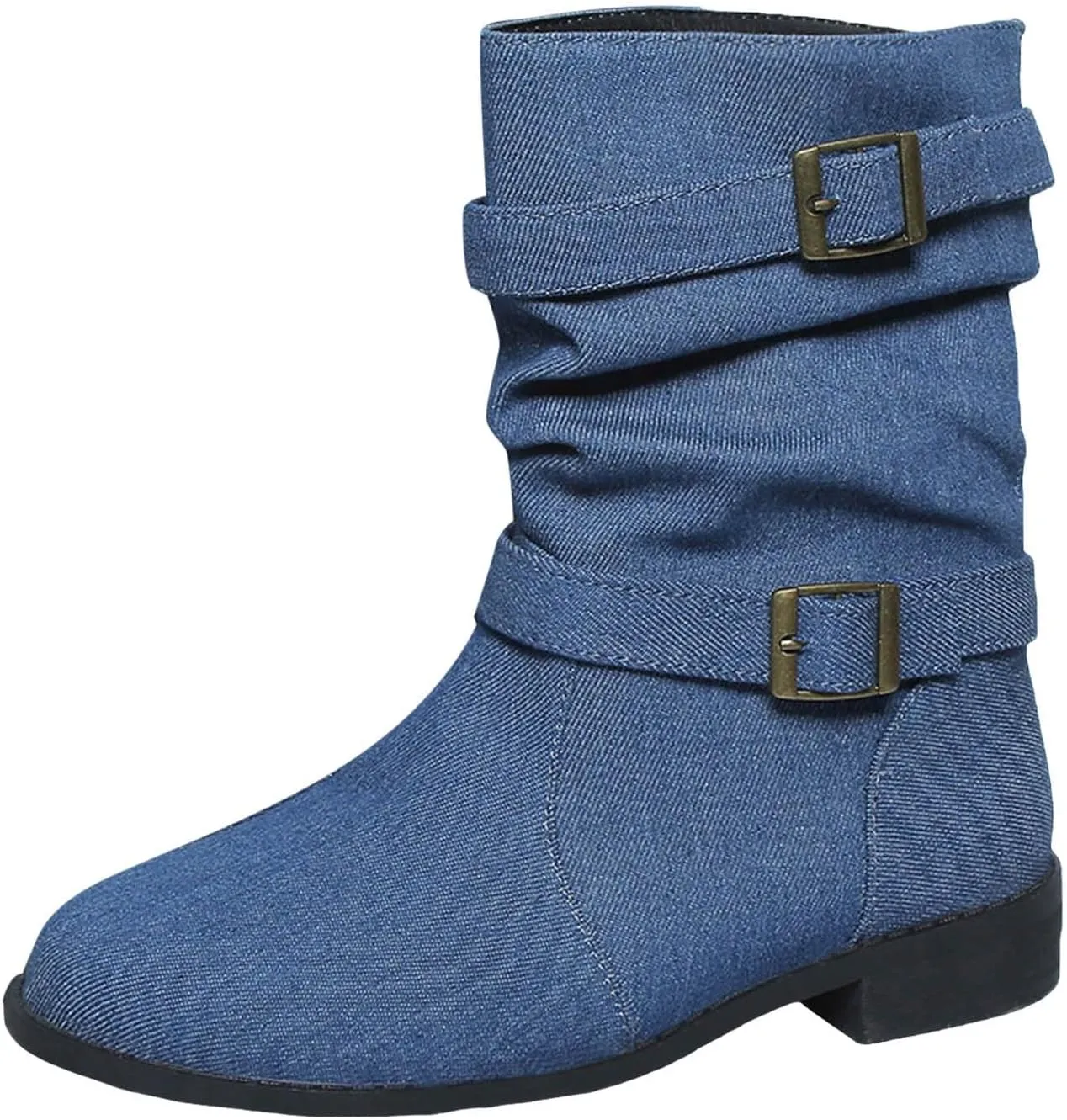 Boots for Women Women's Mid Calf Dress Biker Riding Shoes Round Toe Low Heel Comfortable Slouchy Booties with Buckle Strap