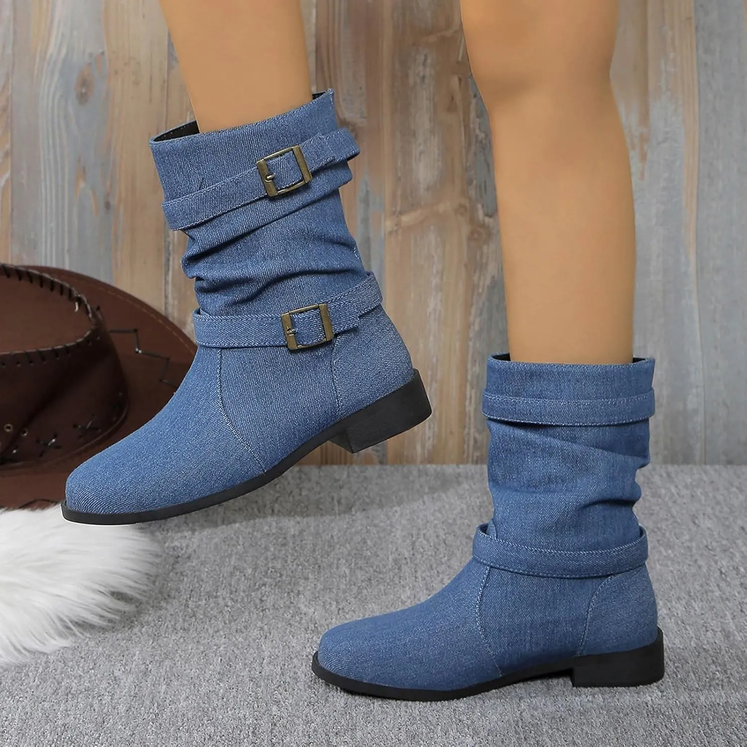 Boots for Women Women's Mid Calf Dress Biker Riding Shoes Round Toe Low Heel Comfortable Slouchy Booties with Buckle Strap