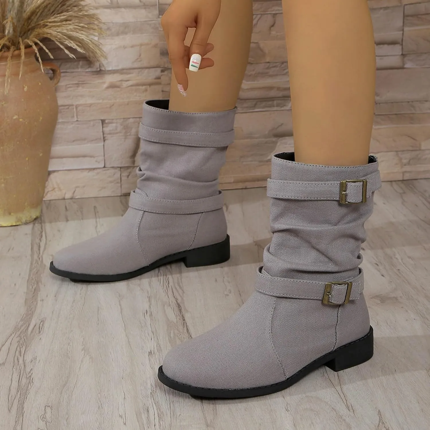 Boots for Women Women's Mid Calf Dress Biker Riding Shoes Round Toe Low Heel Comfortable Slouchy Booties with Buckle Strap