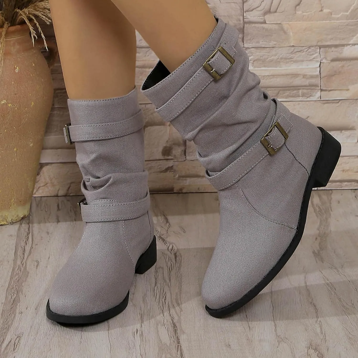 Boots for Women Women's Mid Calf Dress Biker Riding Shoes Round Toe Low Heel Comfortable Slouchy Booties with Buckle Strap