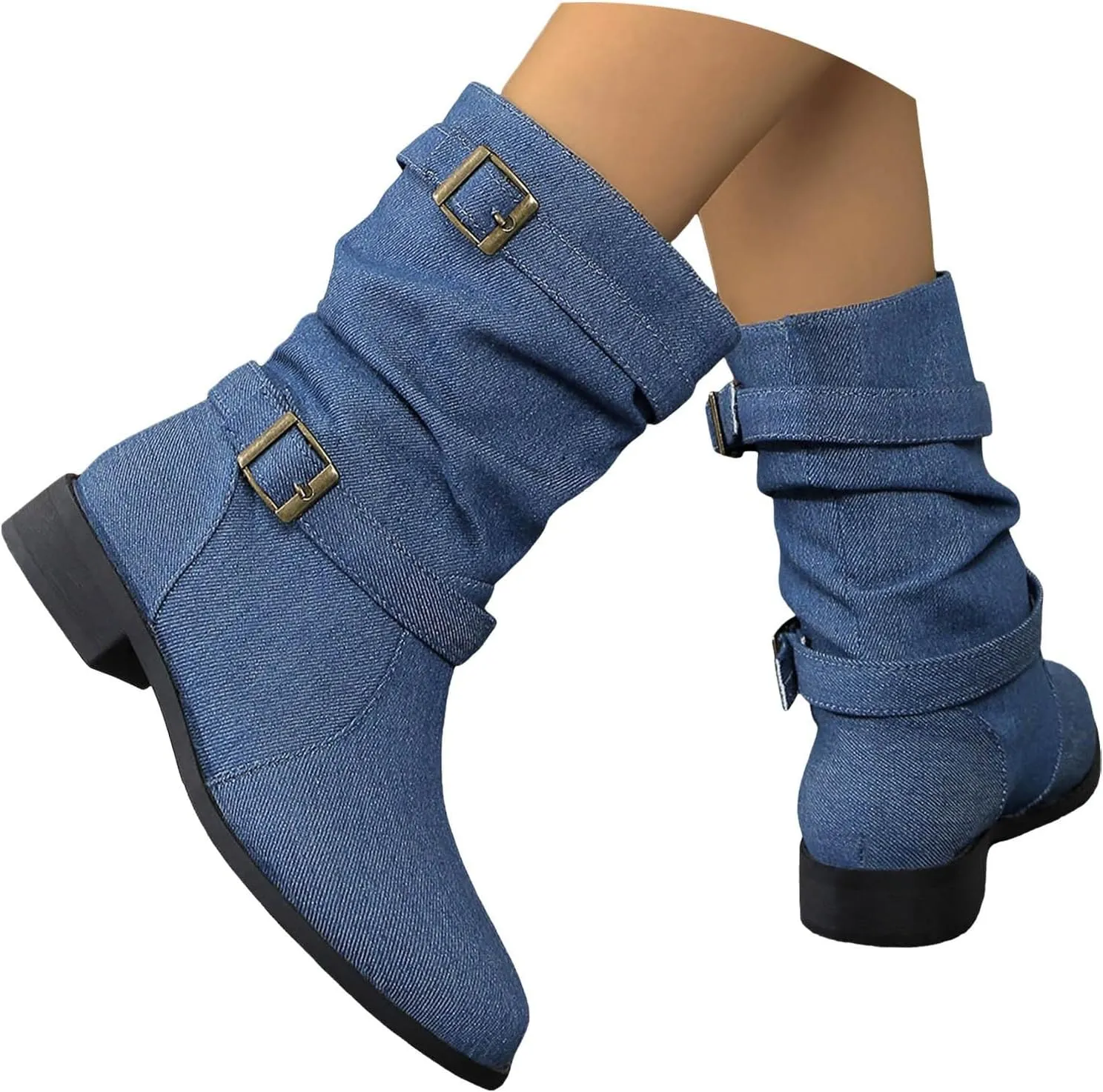 Boots for Women Women's Mid Calf Dress Biker Riding Shoes Round Toe Low Heel Comfortable Slouchy Booties with Buckle Strap