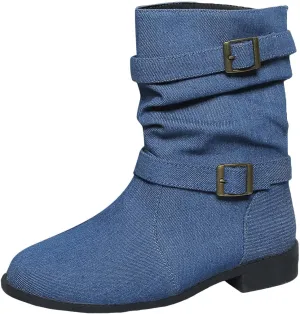Boots for Women Women's Mid Calf Dress Biker Riding Shoes Round Toe Low Heel Comfortable Slouchy Booties with Buckle Strap
