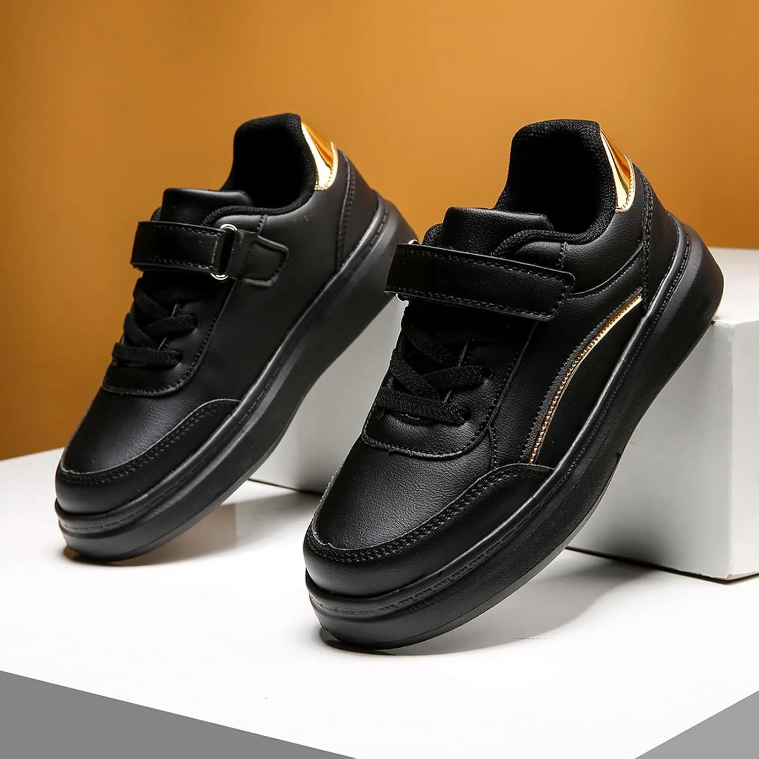 Boys Girls School Shoes Toddler Kids Black Trainers Uniform Dress Shoe Easy Fasten Footwear Athletic Running Flats
