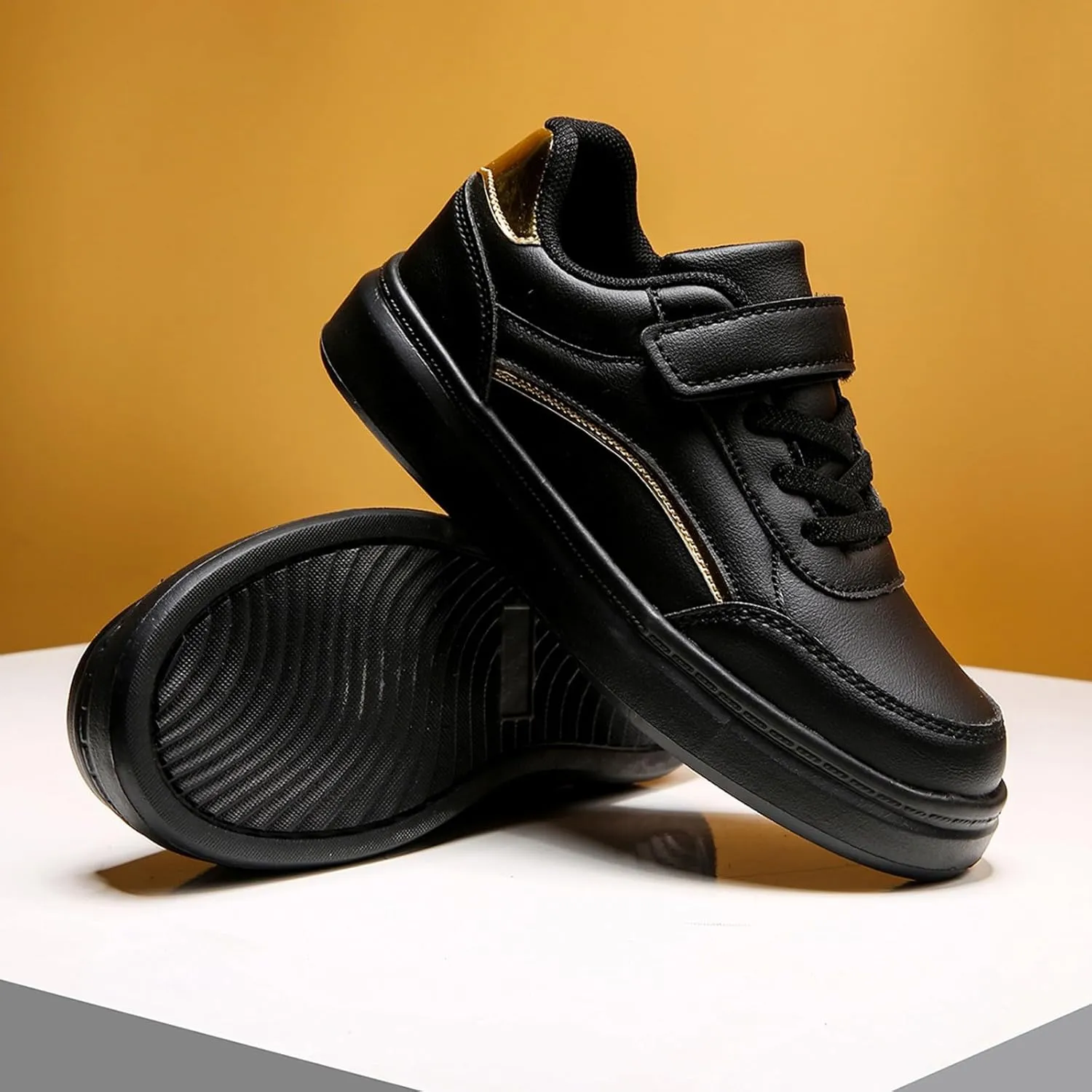 Boys Girls School Shoes Toddler Kids Black Trainers Uniform Dress Shoe Easy Fasten Footwear Athletic Running Flats