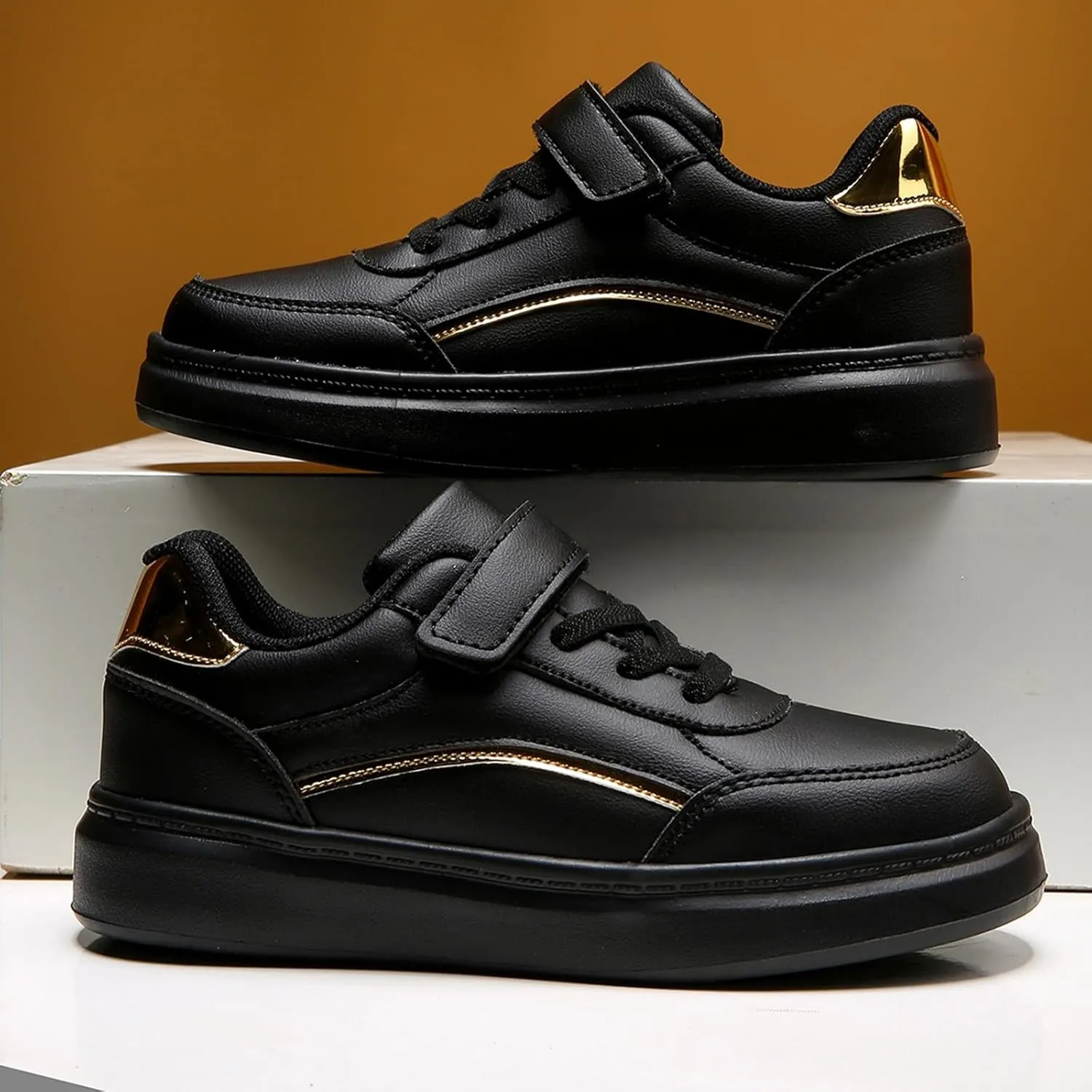 Boys Girls School Shoes Toddler Kids Black Trainers Uniform Dress Shoe Easy Fasten Footwear Athletic Running Flats
