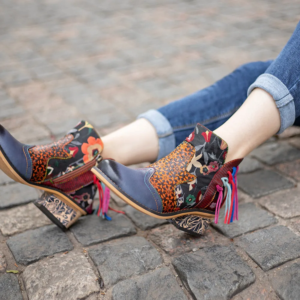 Casual Leather Tassel Jacquard Boots