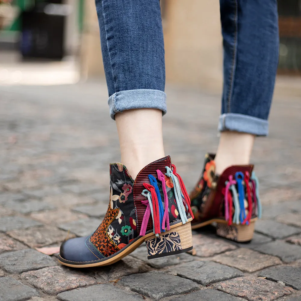 Casual Leather Tassel Jacquard Boots