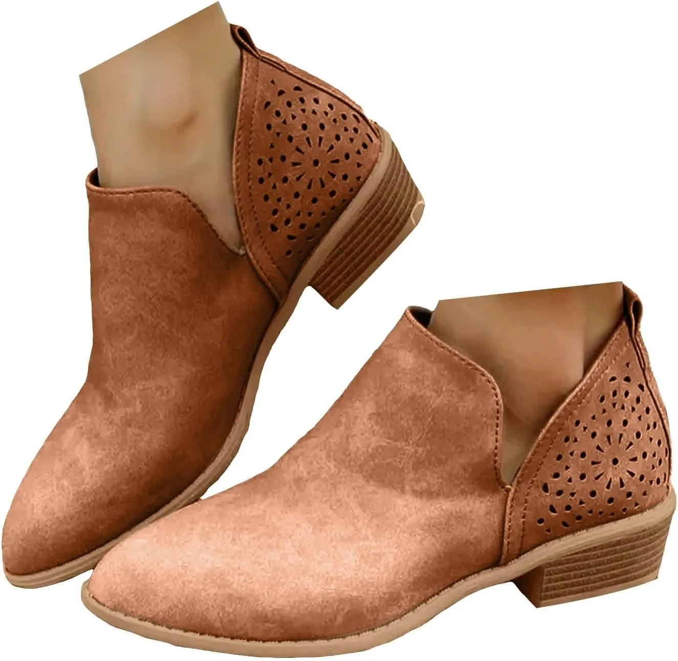 Cathale Booties for Women 2024 Stacked Low Heel Ankle Booties Cowgirl Boots Slip On Perforated Western Booties Cutout Shoes