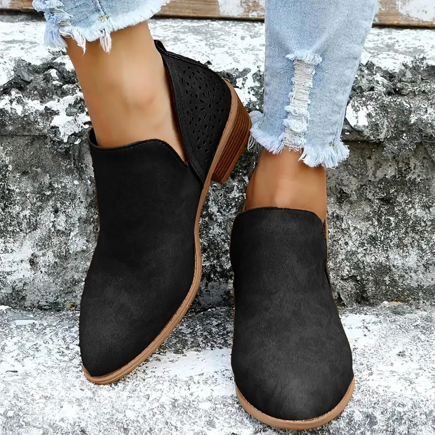 Cathale Booties for Women 2024 Stacked Low Heel Ankle Booties Cowgirl Boots Slip On Perforated Western Booties Cutout Shoes