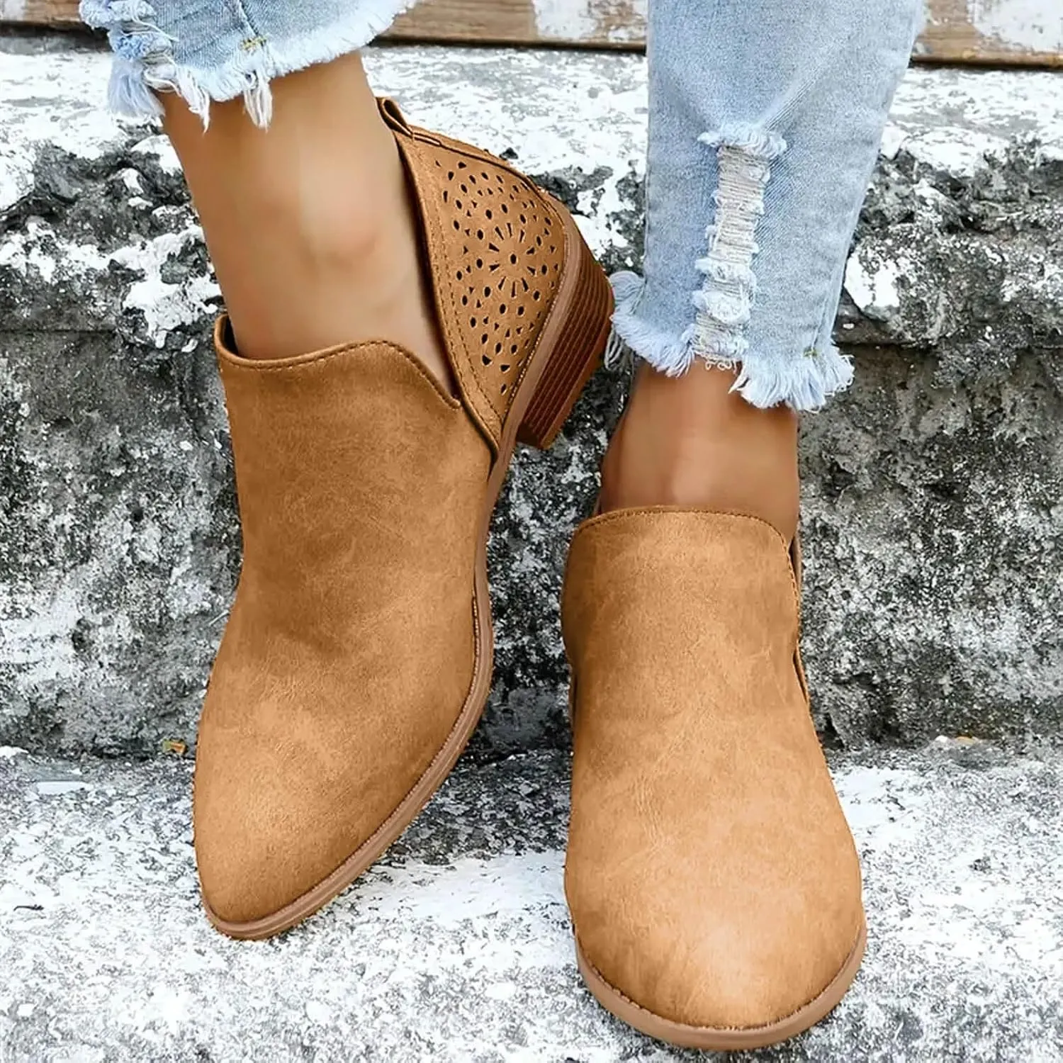 Cathale Booties for Women 2024 Stacked Low Heel Ankle Booties Cowgirl Boots Slip On Perforated Western Booties Cutout Shoes