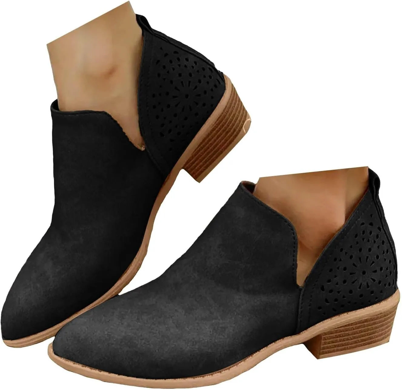 Cathale Booties for Women 2024 Stacked Low Heel Ankle Booties Cowgirl Boots Slip On Perforated Western Booties Cutout Shoes