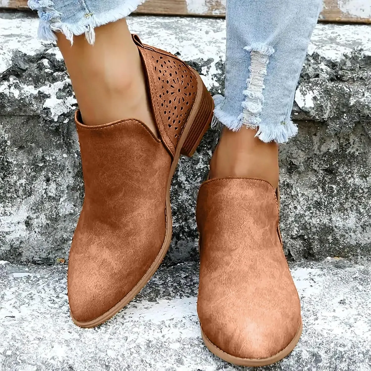 Cathale Booties for Women 2024 Stacked Low Heel Ankle Booties Cowgirl Boots Slip On Perforated Western Booties Cutout Shoes