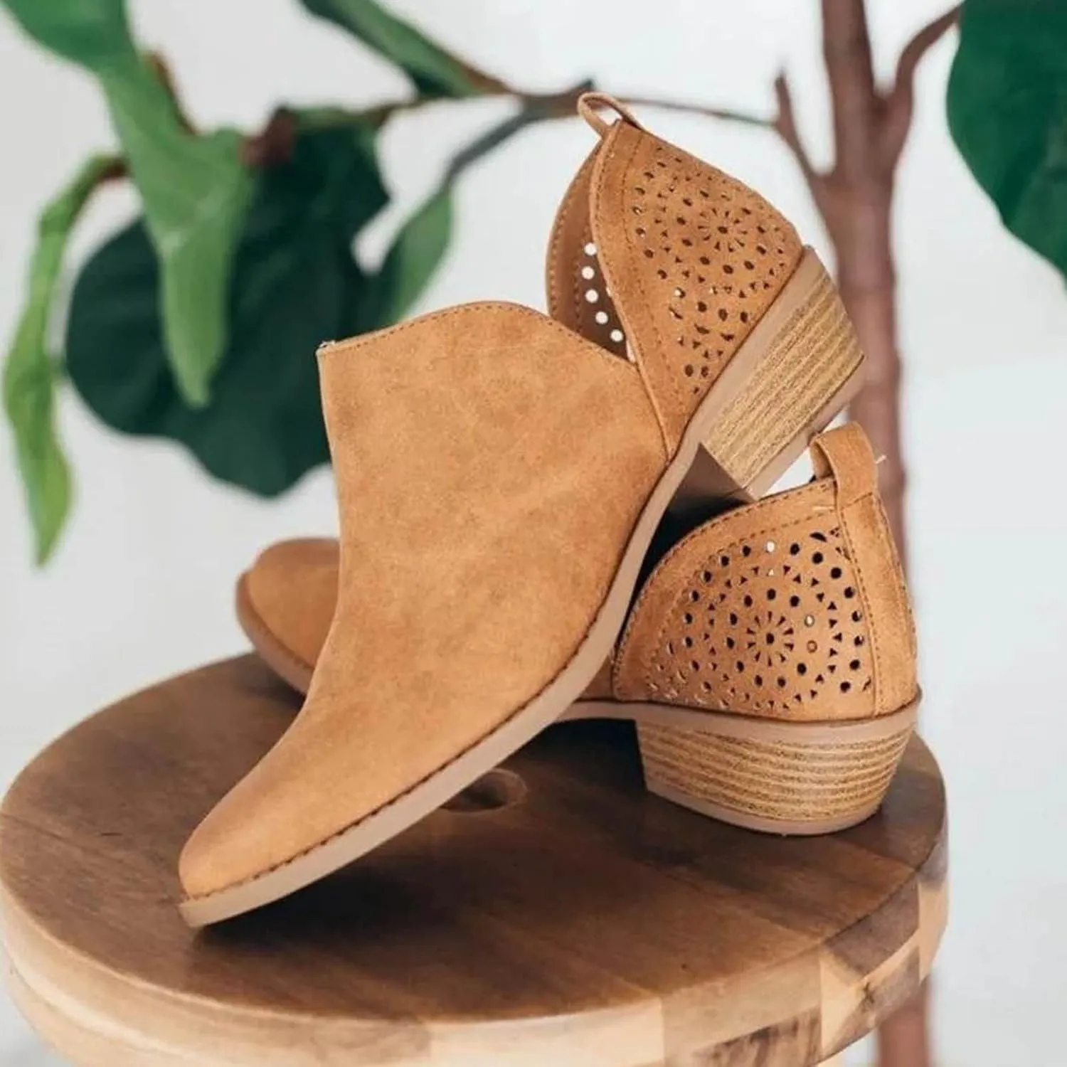 Cathale Booties for Women 2024 Stacked Low Heel Ankle Booties Cowgirl Boots Slip On Perforated Western Booties Cutout Shoes