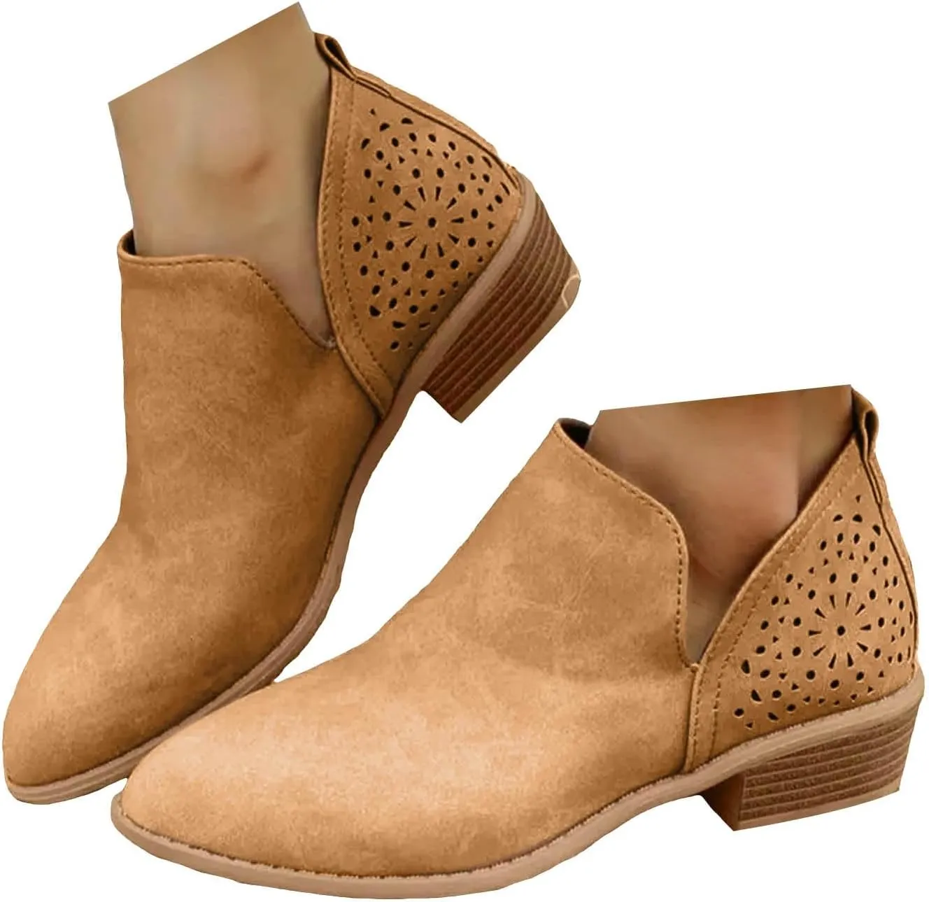 Cathale Booties for Women 2024 Stacked Low Heel Ankle Booties Cowgirl Boots Slip On Perforated Western Booties Cutout Shoes