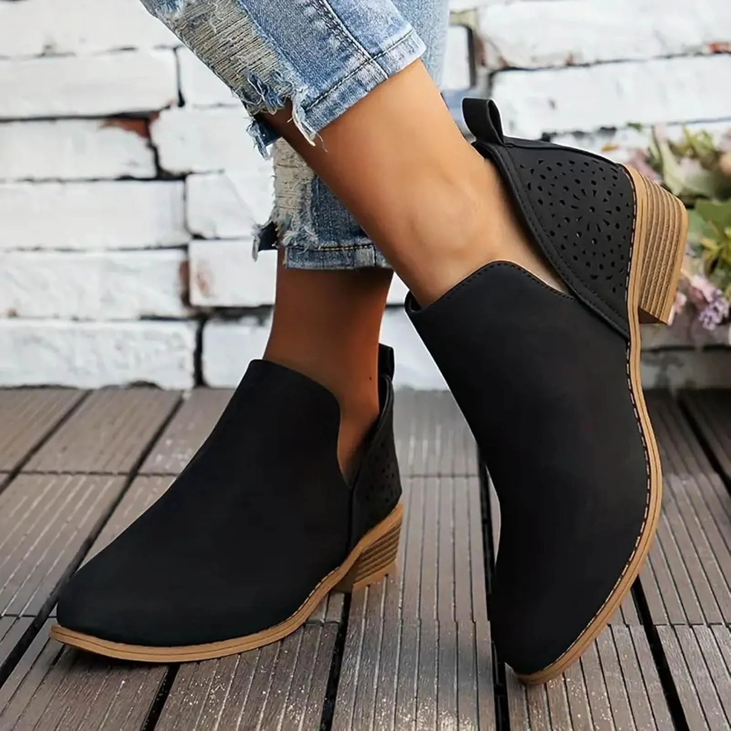 Cathale Booties for Women 2024 Stacked Low Heel Ankle Booties Cowgirl Boots Slip On Perforated Western Booties Cutout Shoes
