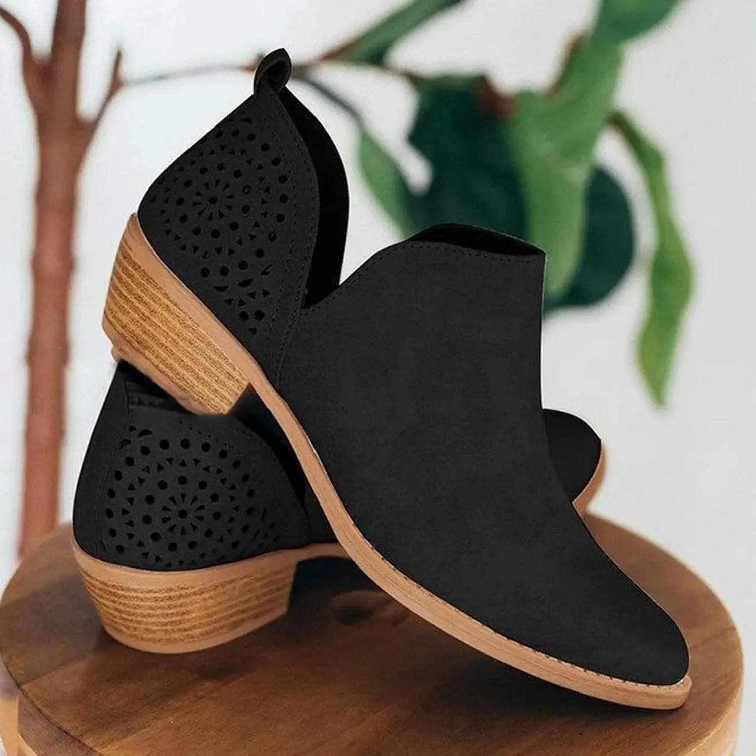 Cathale Booties for Women 2024 Stacked Low Heel Ankle Booties Cowgirl Boots Slip On Perforated Western Booties Cutout Shoes
