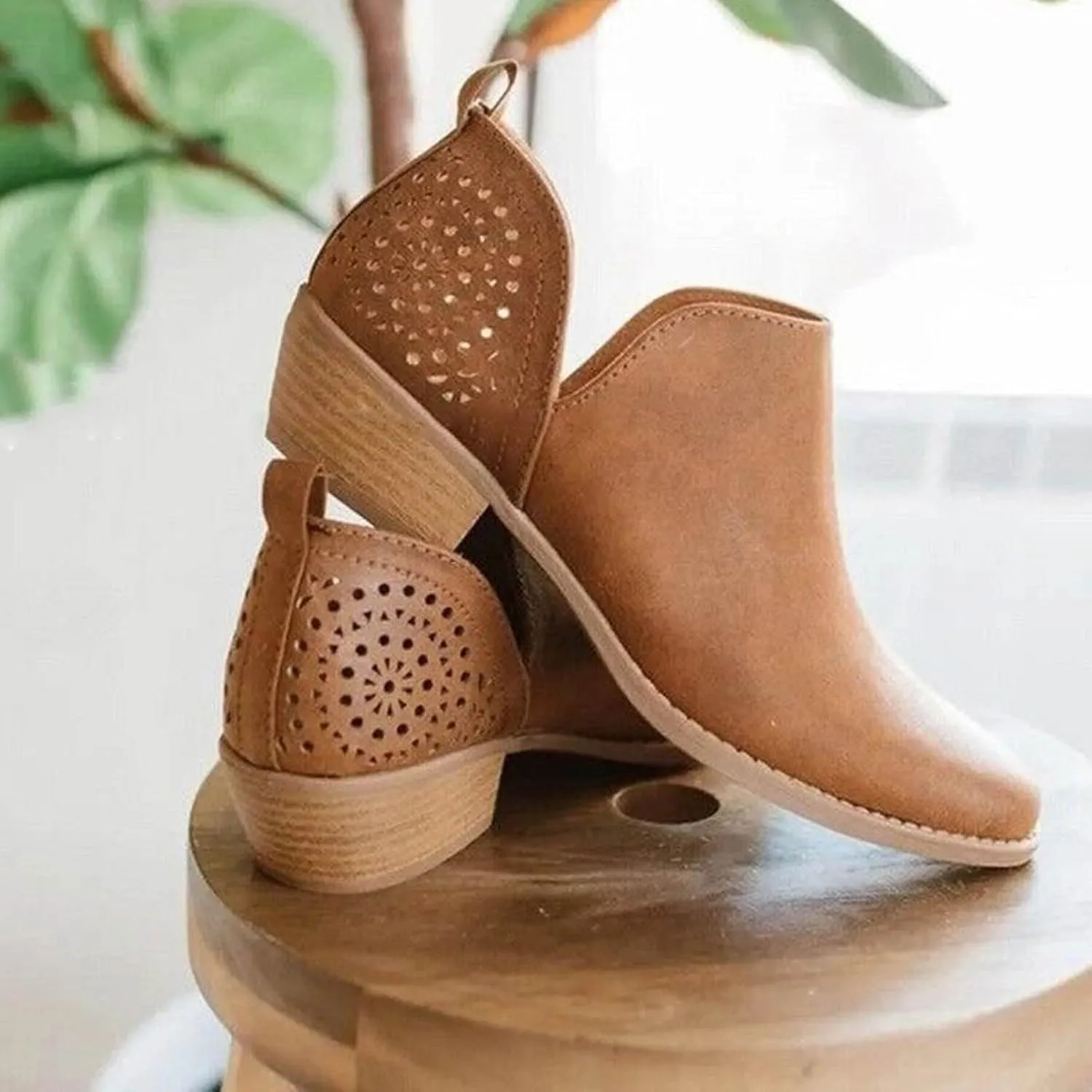 Cathale Booties for Women 2024 Stacked Low Heel Ankle Booties Cowgirl Boots Slip On Perforated Western Booties Cutout Shoes